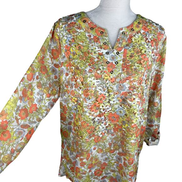 Multiples Top Blouse Retro Floral Large L Semi-Sheer 70s Roll Tab Sleeves - Picture 8 of 9